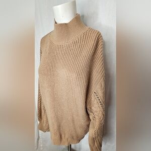 Windsor Tan Mock Neck Sweater with‎ Cable Knit Detailed Balloon Sleeves Size L